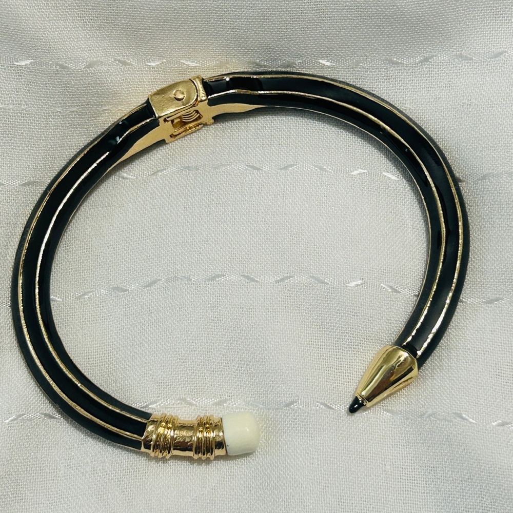Plunder Pencil Shaped Elegant Black and Gold Open Cuff Bracelet. - Picture 2 of 6